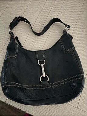 Black Leather Coach Shoulder Bag with Silver Ring Accent